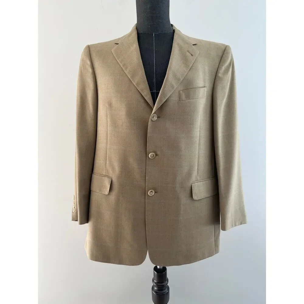 Hart Schaffner Marx 3 Button Suit Jacket Blazer Tan w Blue Windowpane 42S SG